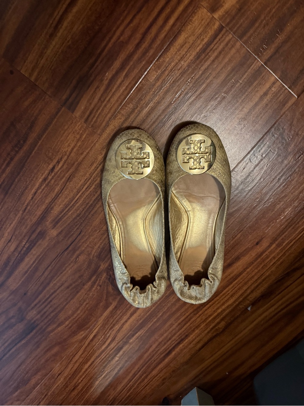 Tory Burch Gold Metallic Leather Logo Ballet Flats